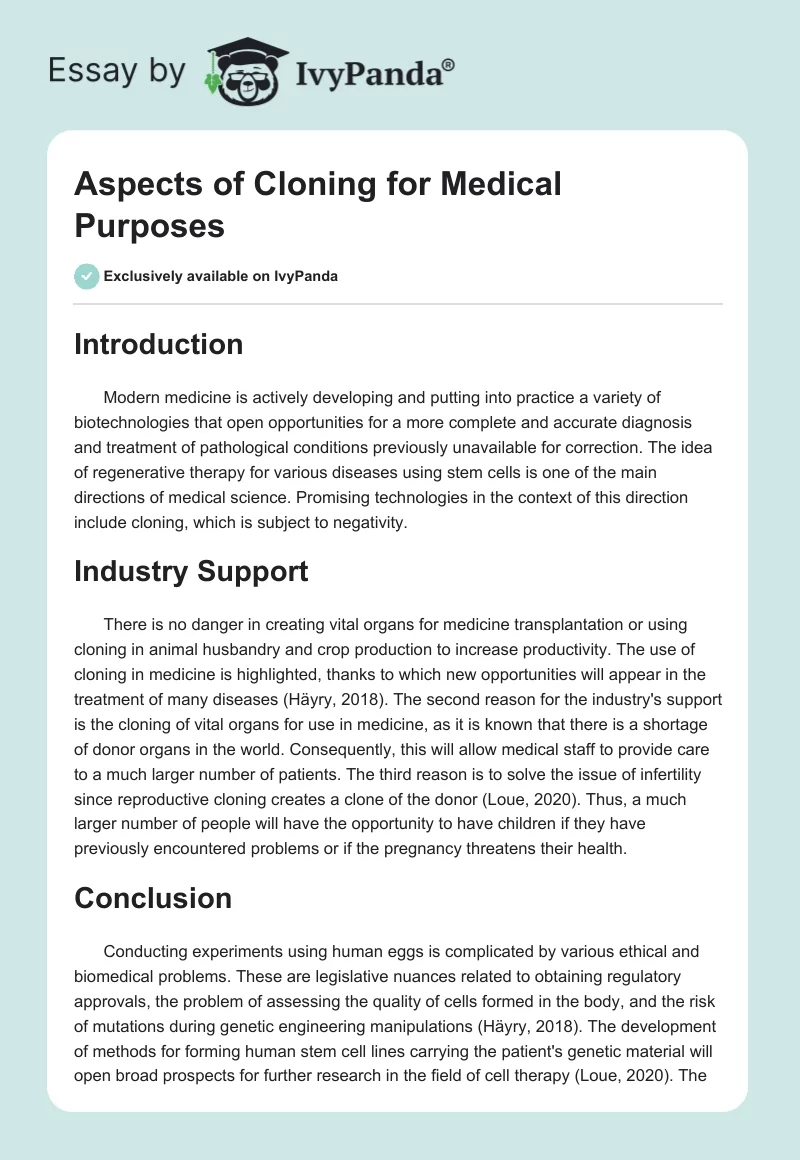 Aspects of Cloning for Medical Purposes. Page 1