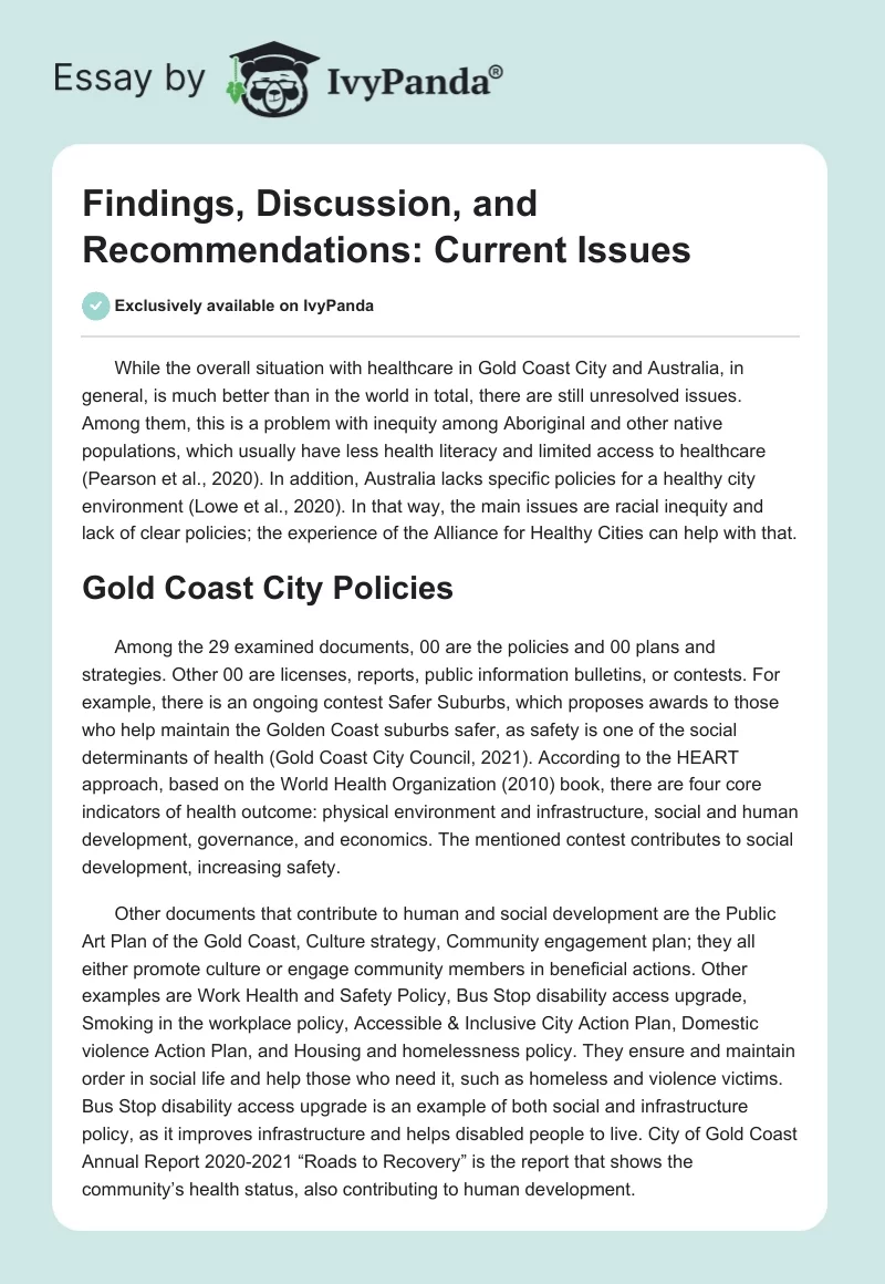 Findings, Discussion, and Recommendations: Current Issues. Page 1