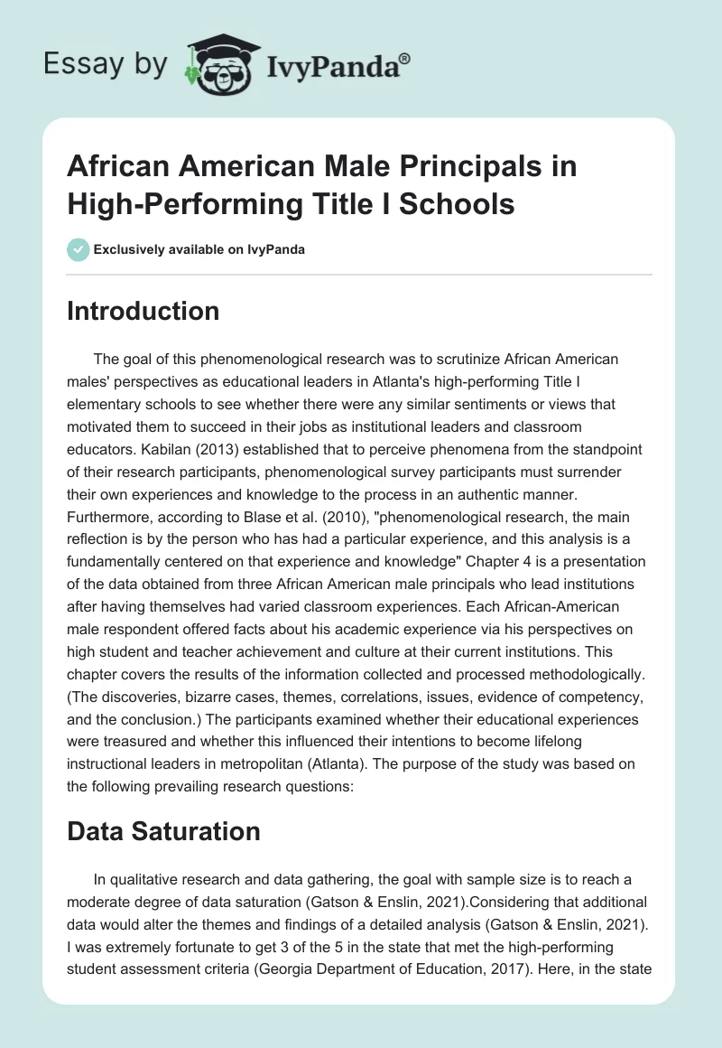 African American Male Principals in High-Performing Title I Schools. Page 1