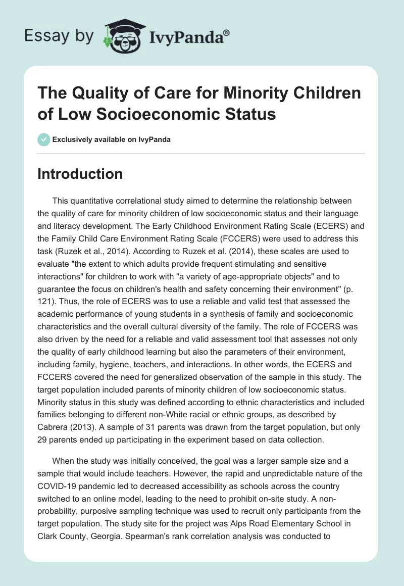 The Quality of Care for Minority Children of Low Socioeconomic Status. Page 1