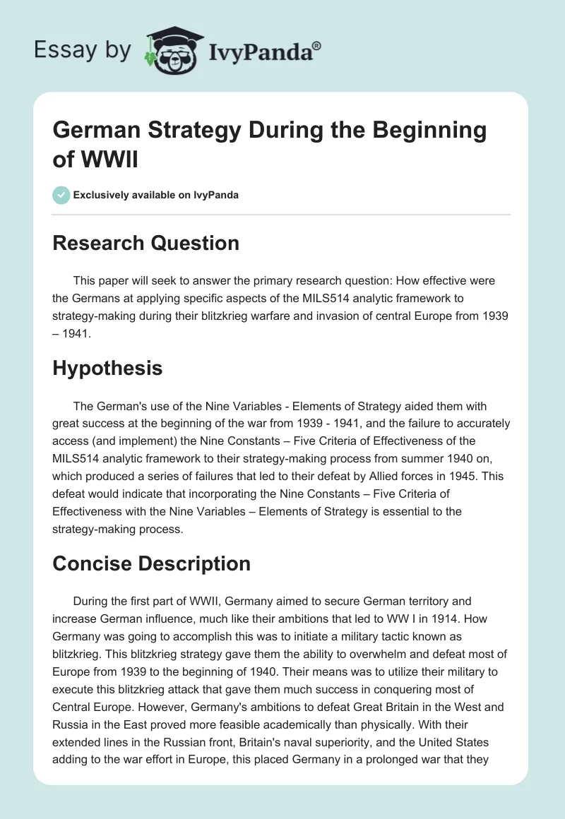 German Strategy During the Beginning of WWII. Page 1