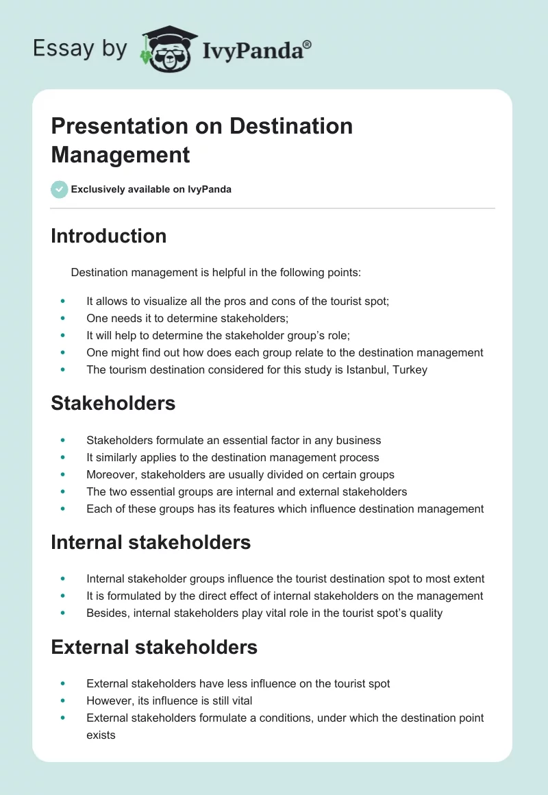 Presentation on Destination Management. Page 1