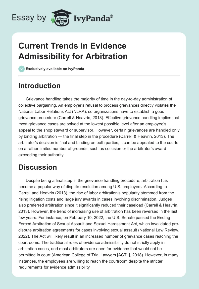 Current Trends in Evidence Admissibility for Arbitration. Page 1