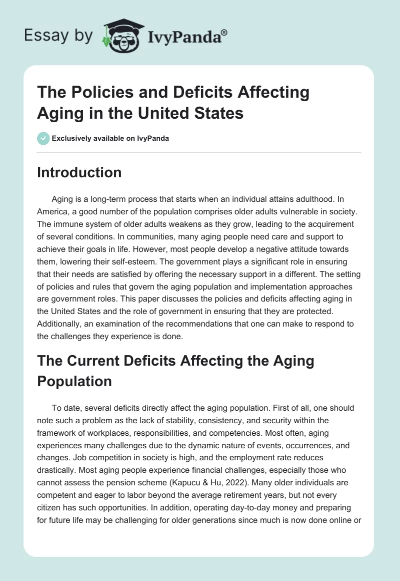 The Policies and Deficits Affecting Aging in the United States. Page 1
