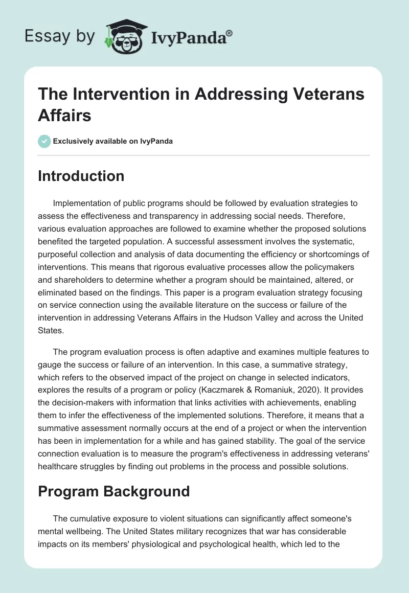 The Intervention in Addressing Veterans Affairs. Page 1