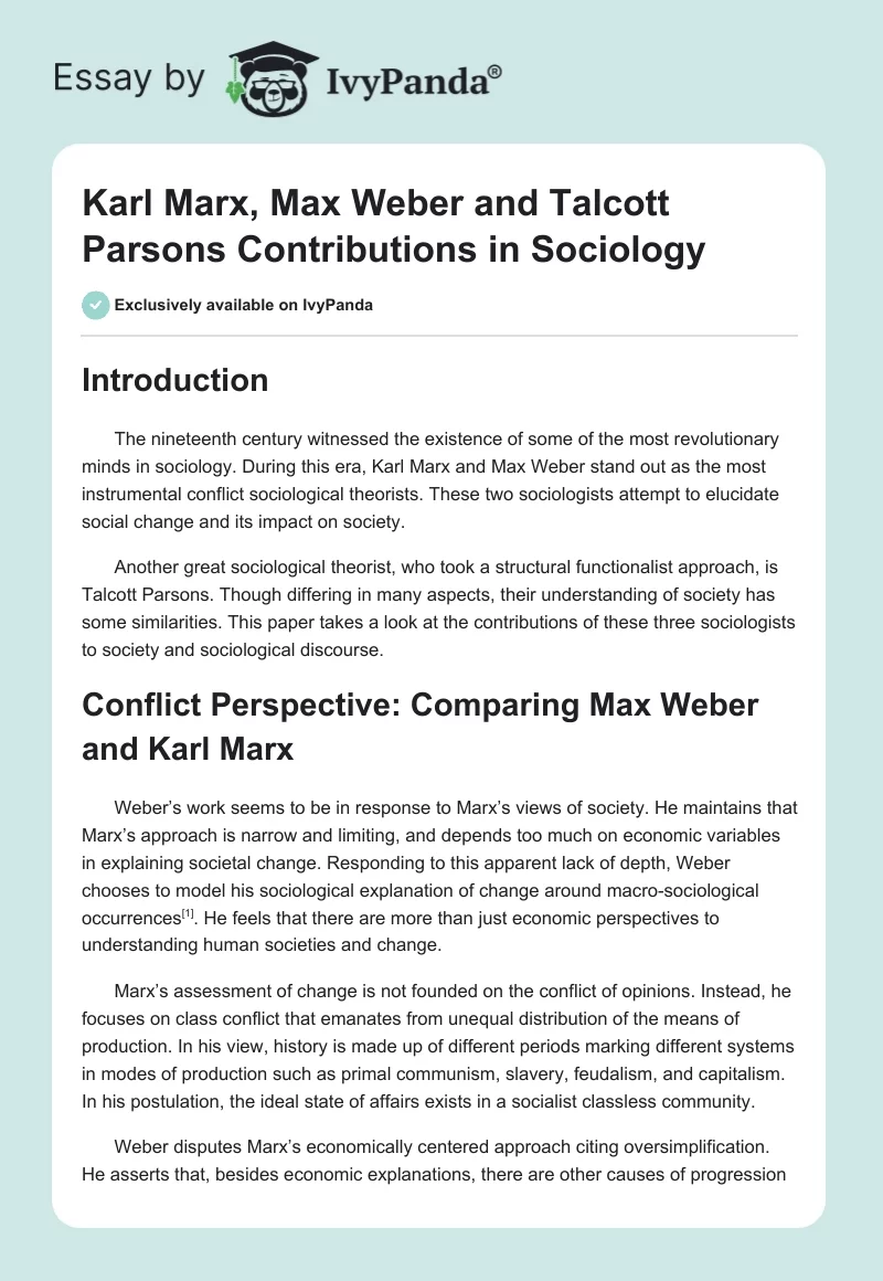 Karl Marx, Max Weber and Talcott Parsons Contributions in Sociology. Page 1