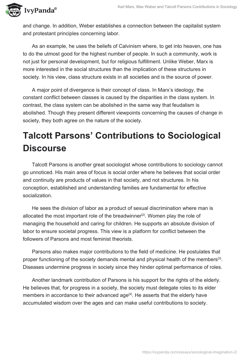 Karl Marx, Max Weber and Talcott Parsons Contributions in Sociology. Page 2