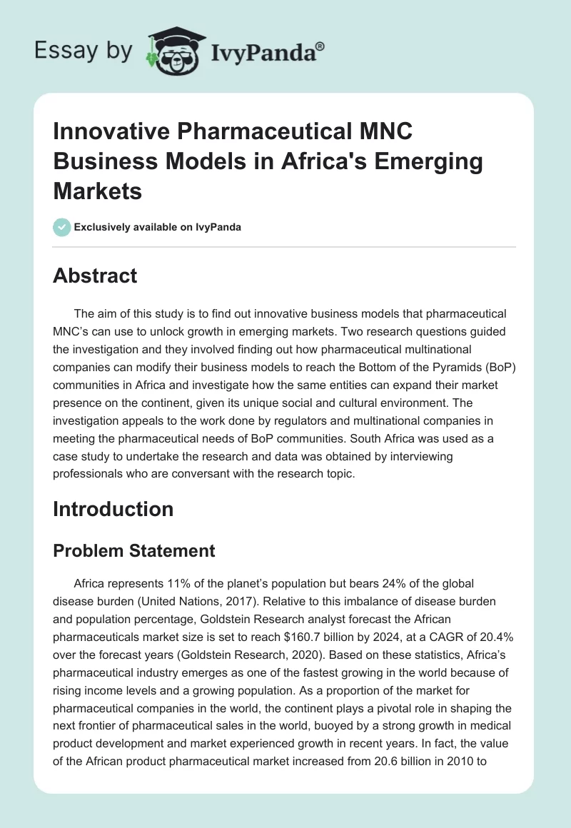 Innovative Pharmaceutical MNC Business Models in Africa's Emerging Markets. Page 1