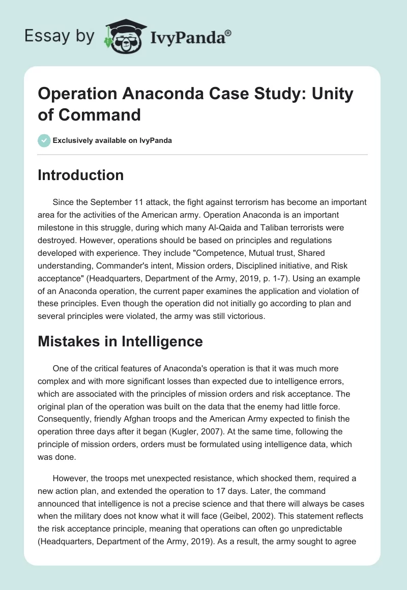 Operation Anaconda Case Study: Unity of Command. Page 1