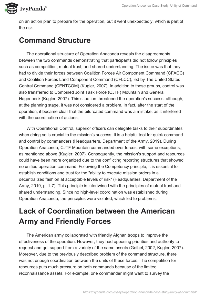 Operation Anaconda Case Study: Unity of Command - 876 Words | Essay Example