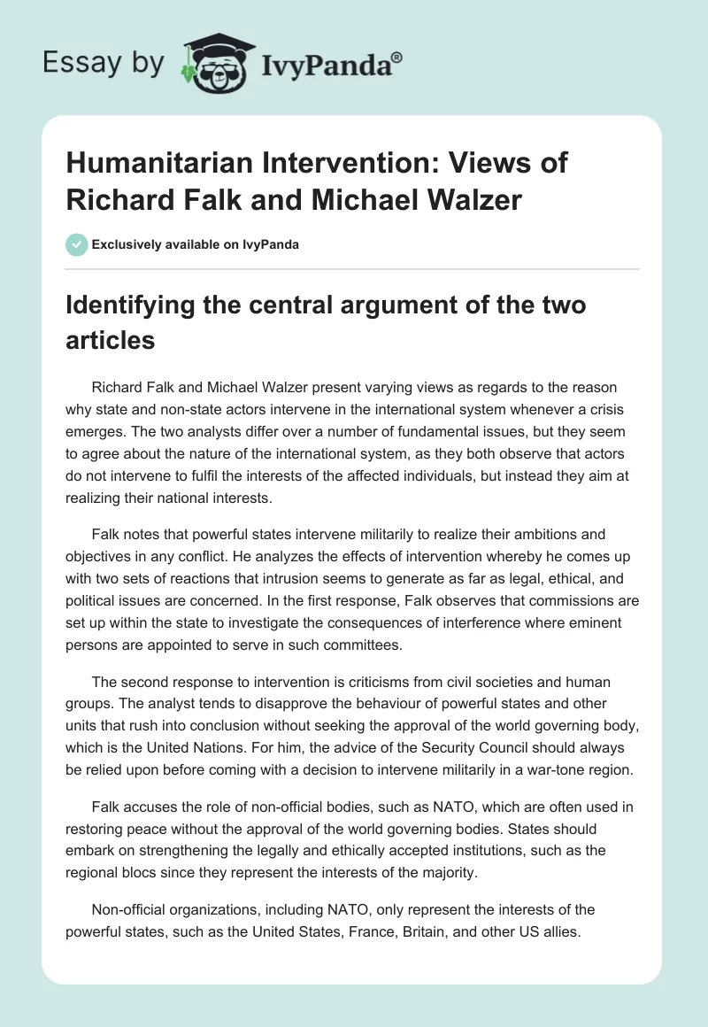 Humanitarian Intervention: Views of Richard Falk and Michael Walzer. Page 1