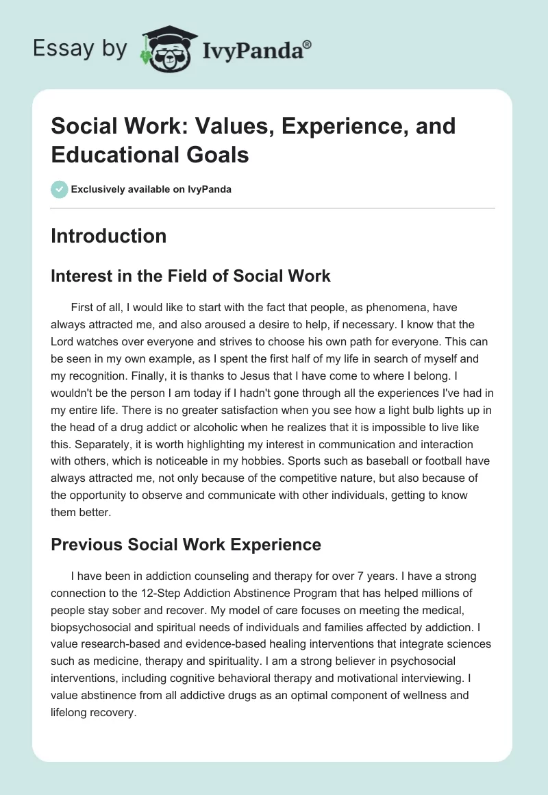 Social Work: Values, Experience, and Educational Goals. Page 1