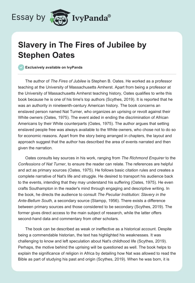 Slavery in The Fires of Jubilee by Stephen Oates. Page 1