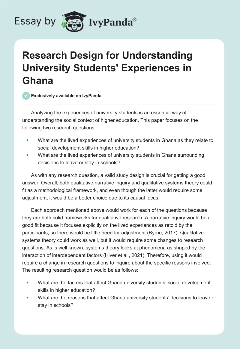 Research Design for Understanding University Students' Experiences in Ghana. Page 1