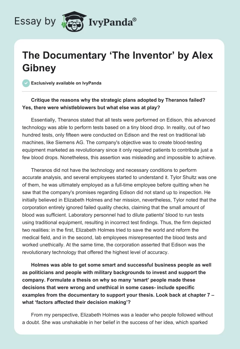 The Documentary ‘The Inventor’ by Alex Gibney. Page 1