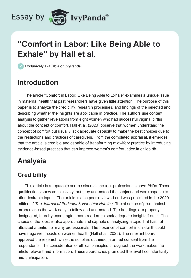 “Comfort in Labor: Like Being Able to Exhale” by Hall et al.. Page 1