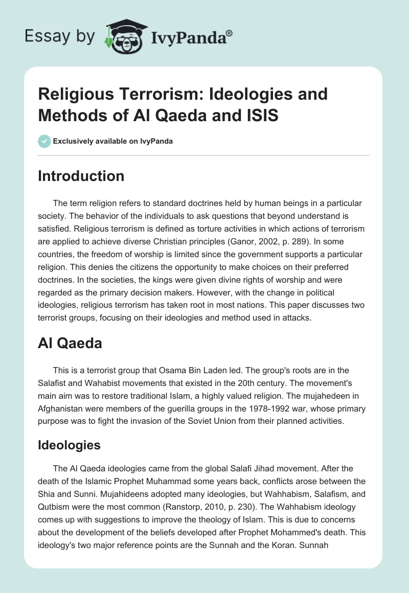Religious Terrorism: Ideologies and Methods of Al Qaeda and ISIS. Page 1