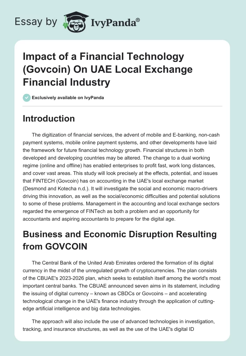 Impact of a Financial Technology (Govcoin) On UAE Local Exchange Financial Industry. Page 1