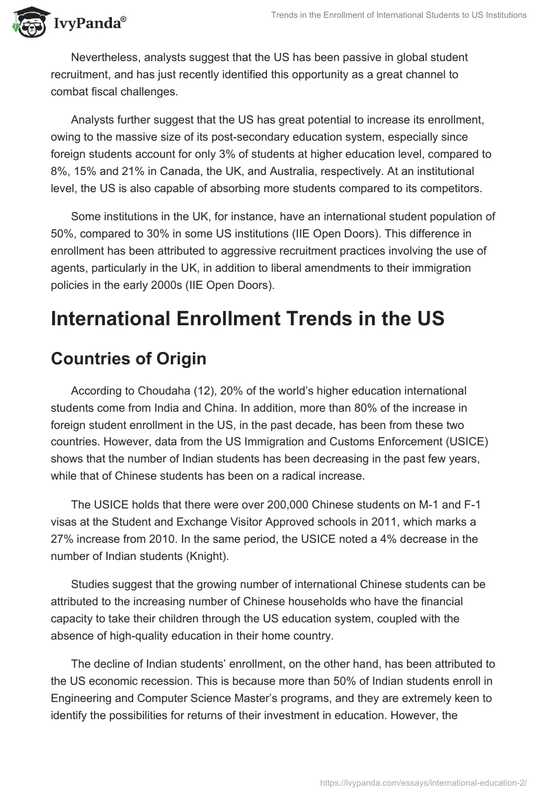 Trends in the Enrollment of International Students to US Institutions. Page 4