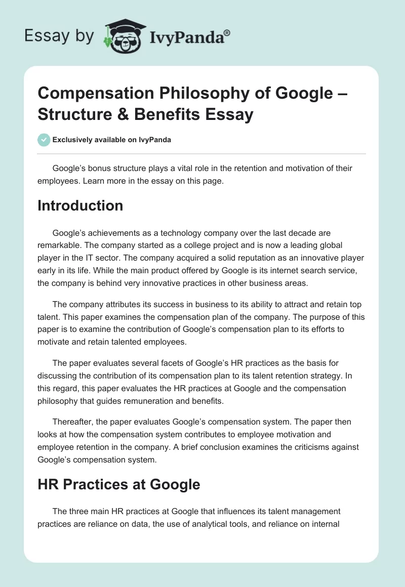 Compensation Philosophy of Google – Structure & Benefits Essay. Page 1