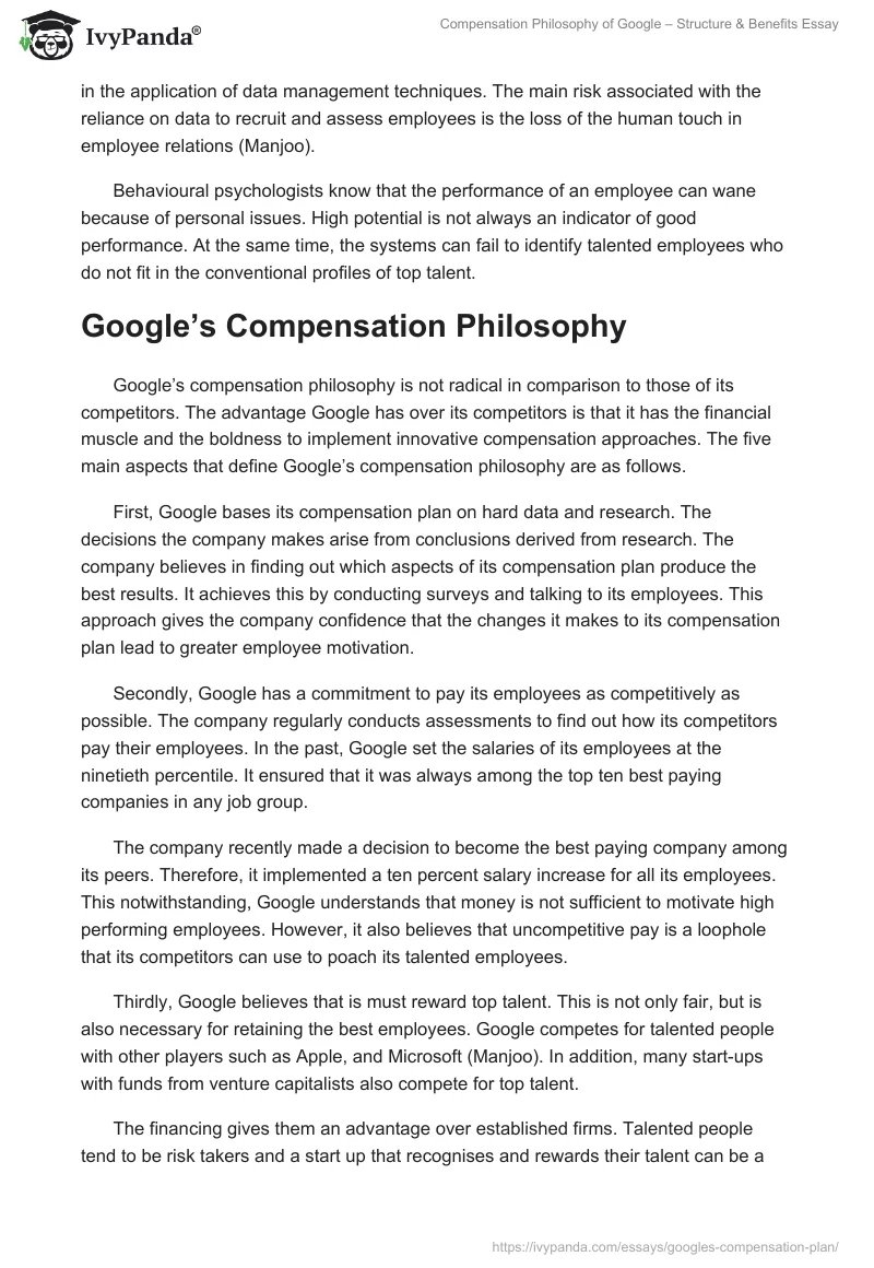 Compensation Philosophy of Google – Structure & Benefits Essay. Page 3