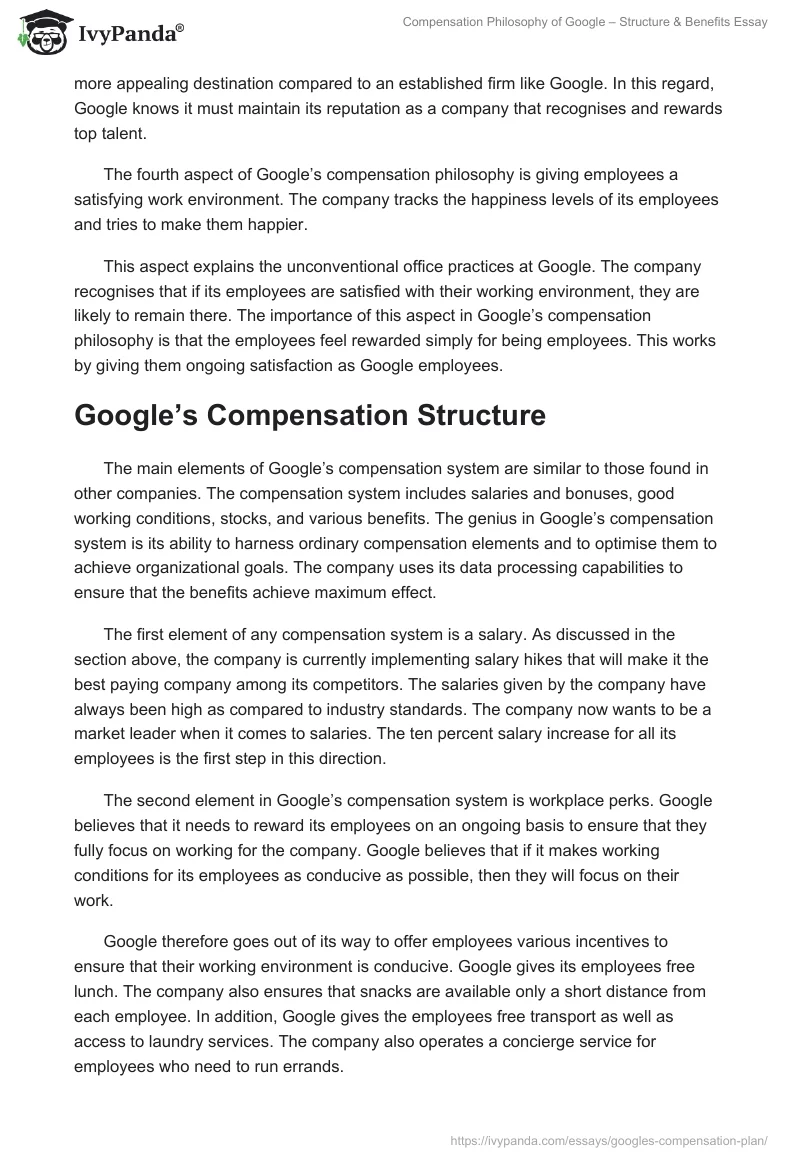Compensation Philosophy of Google – Structure & Benefits Essay. Page 4