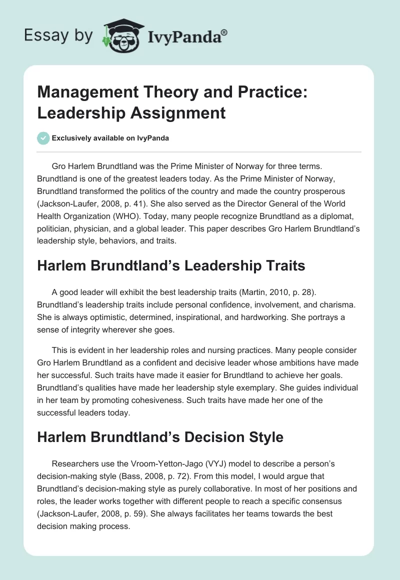 Management Theory and Practice: Leadership Assignment. Page 1
