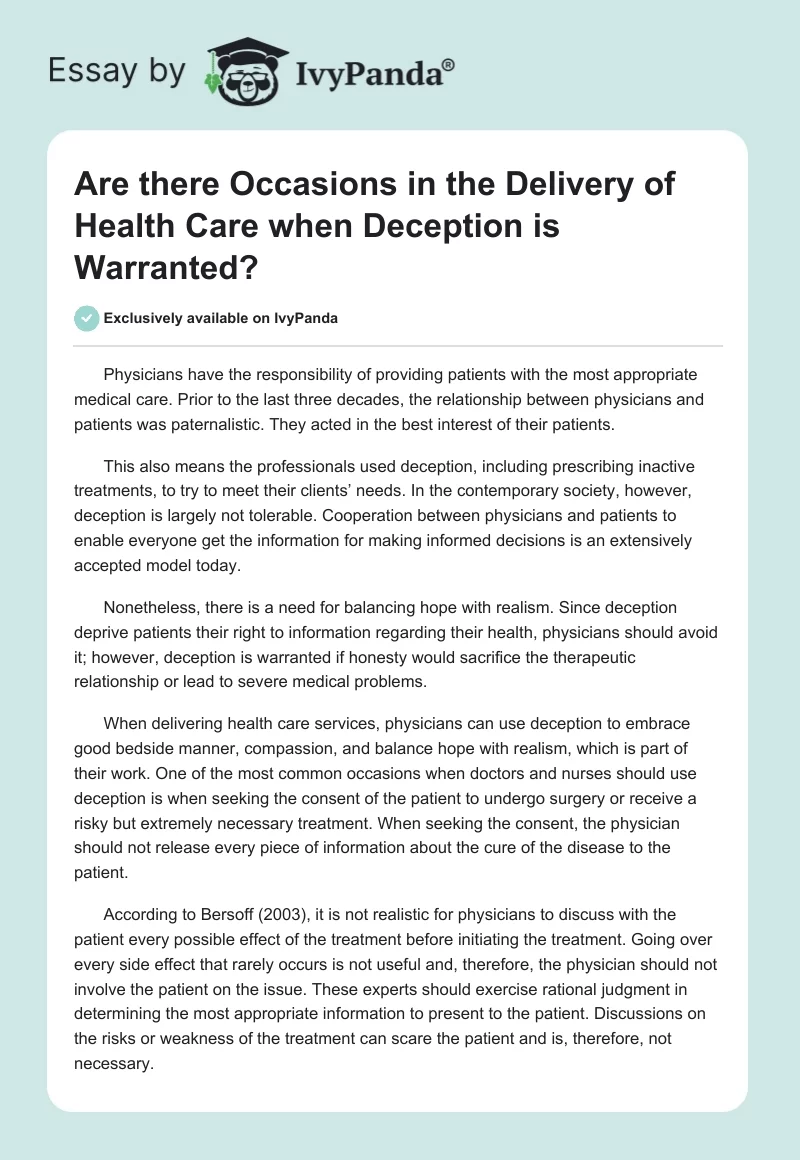 Are there Occasions in the Delivery of Health Care when Deception is Warranted?. Page 1