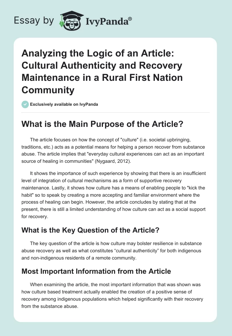 Analyzing the Logic of an Article: Cultural Authenticity and Recovery Maintenance in a Rural First Nation Community. Page 1