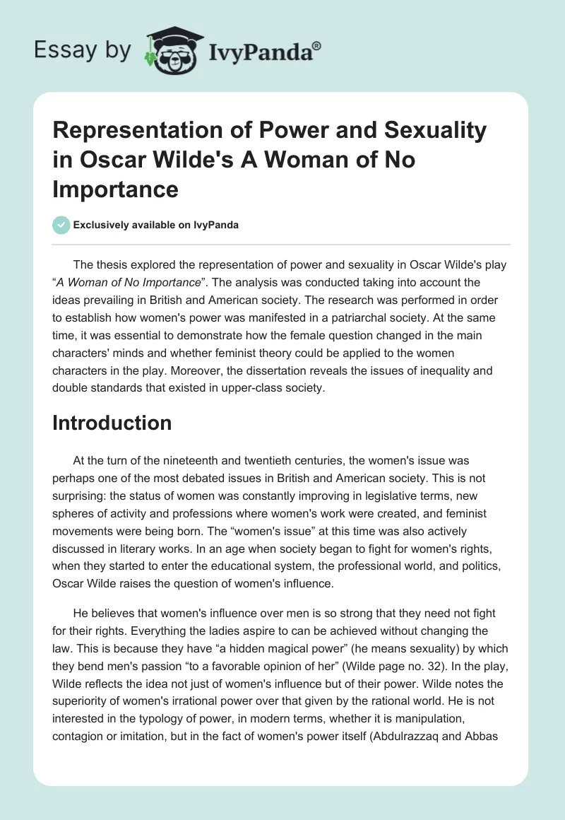 Representation of Power and Sexuality in Oscar Wilde's "A Woman of No Importance". Page 1