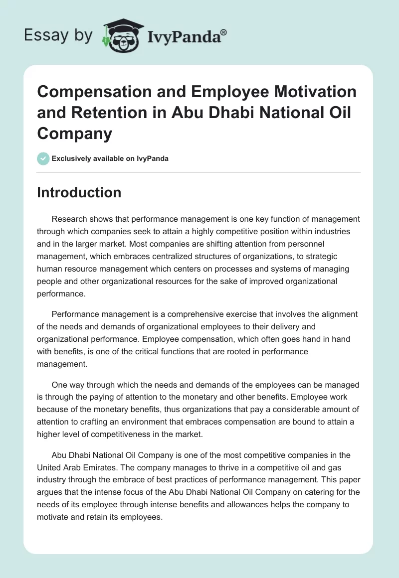 Compensation and Employee Motivation and Retention in Abu Dhabi National Oil Company. Page 1