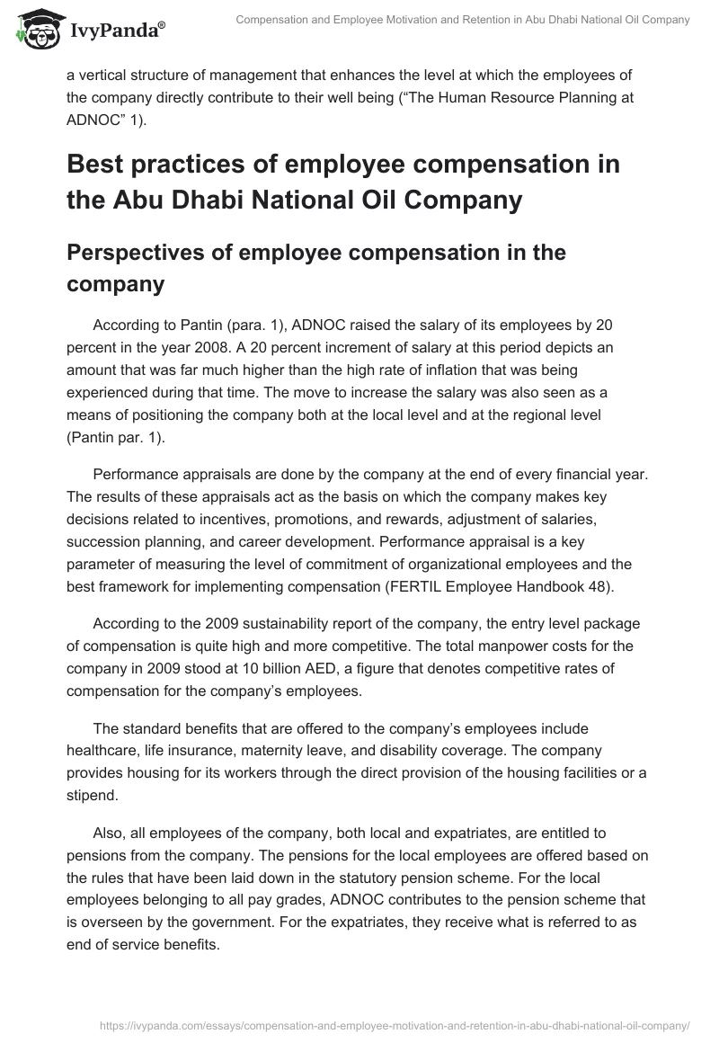 Compensation and Employee Motivation and Retention in Abu Dhabi National Oil Company. Page 5
