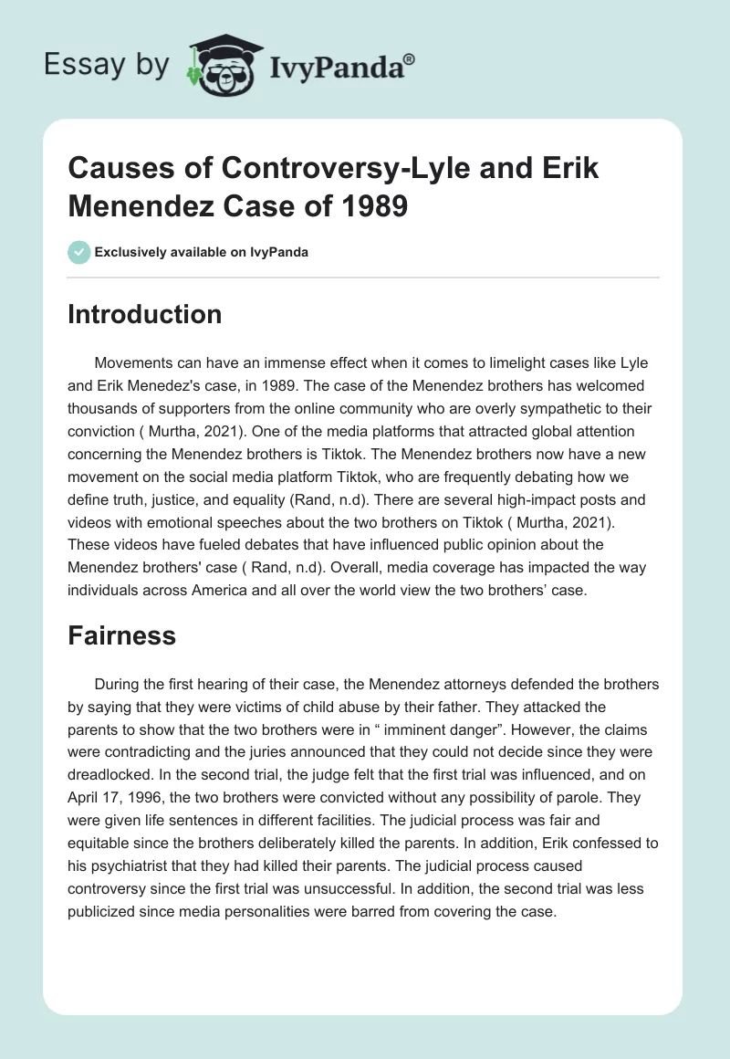 Causes of Controversy-Lyle and Erik Menendez Case of 1989. Page 1