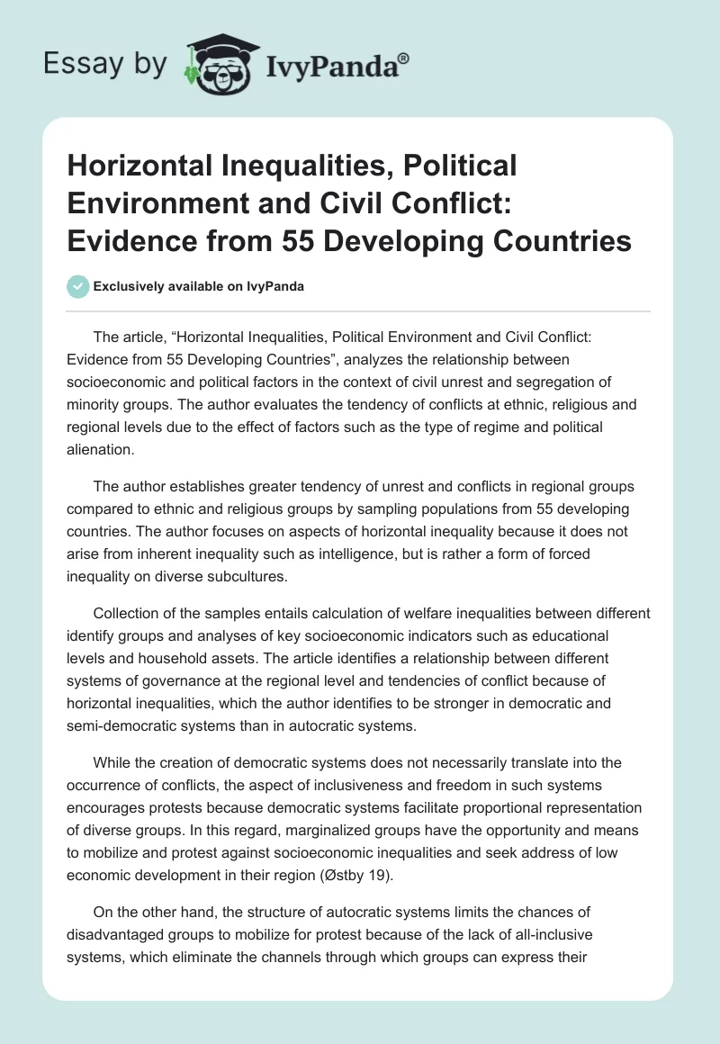 Horizontal Inequalities, Political Environment and Civil Conflict