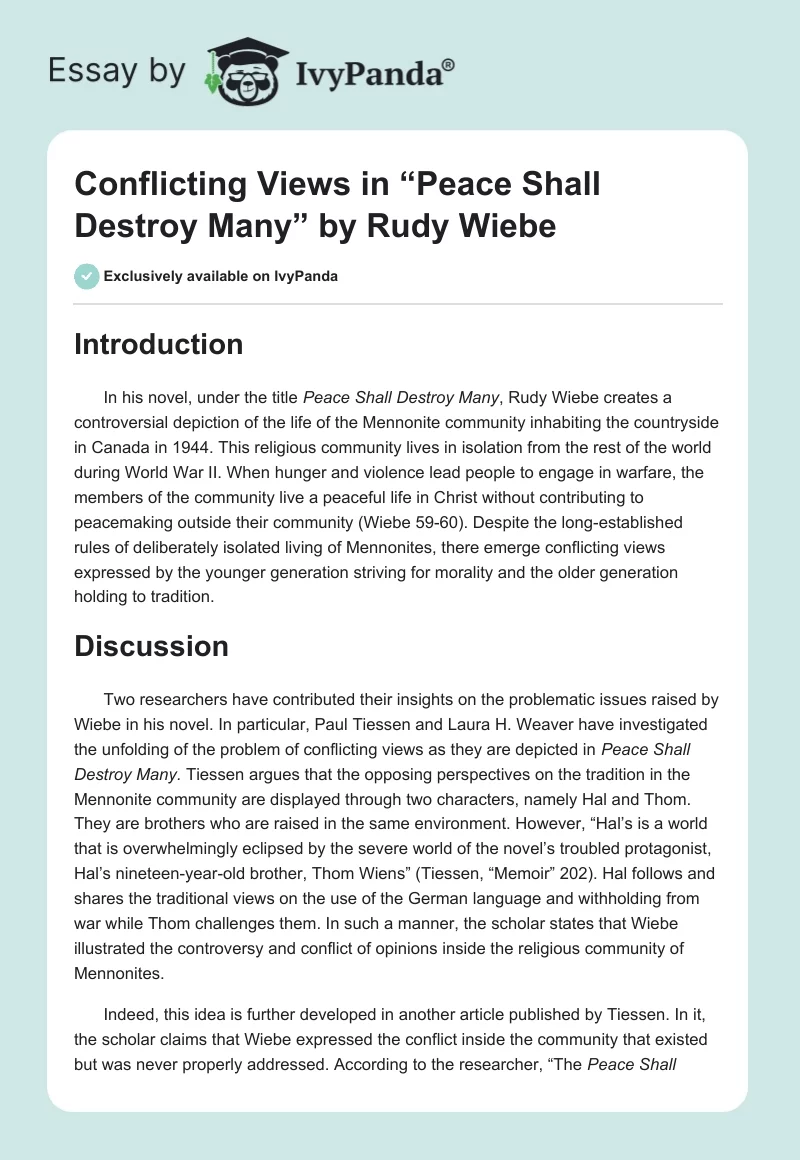 Conflicting Views in “Peace Shall Destroy Many” by Rudy Wiebe. Page 1