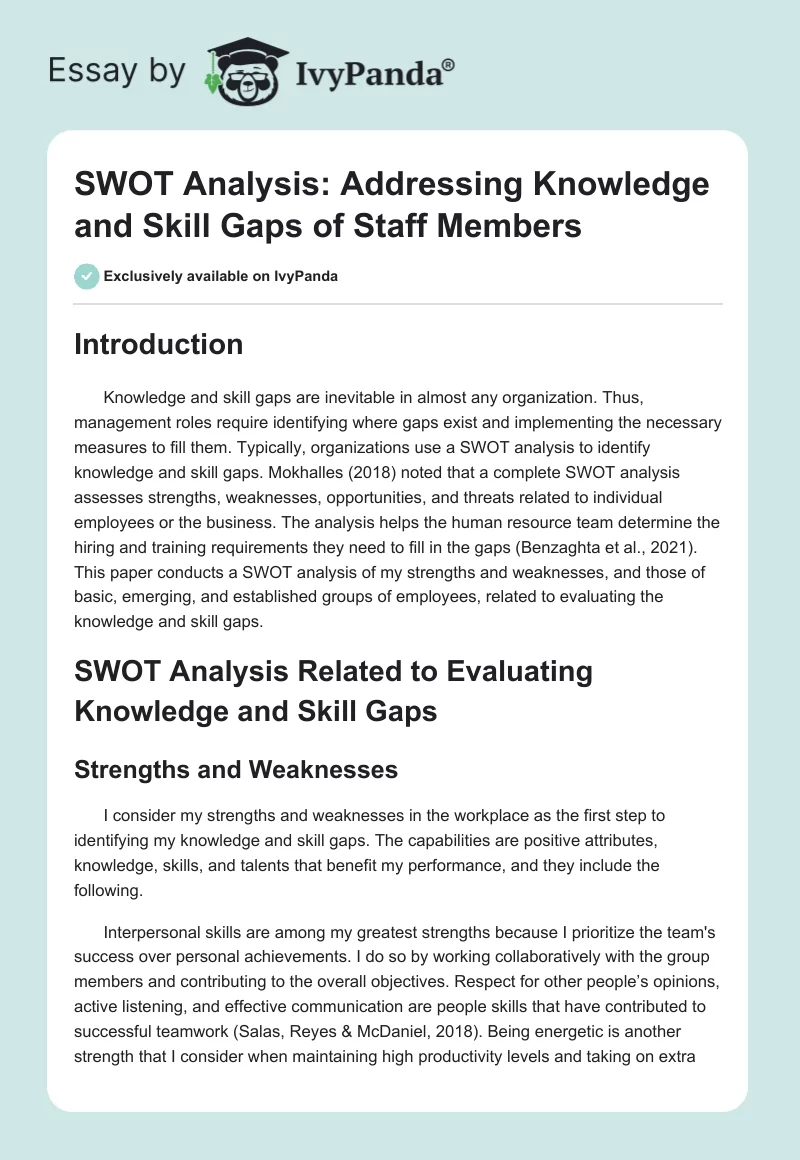 SWOT Analysis: Addressing Knowledge and Skill Gaps of Staff Members. Page 1
