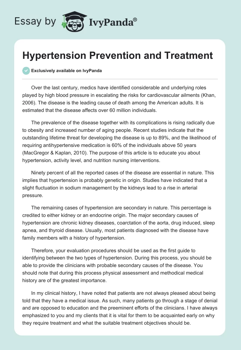 Hypertension Prevention and Treatment. Page 1