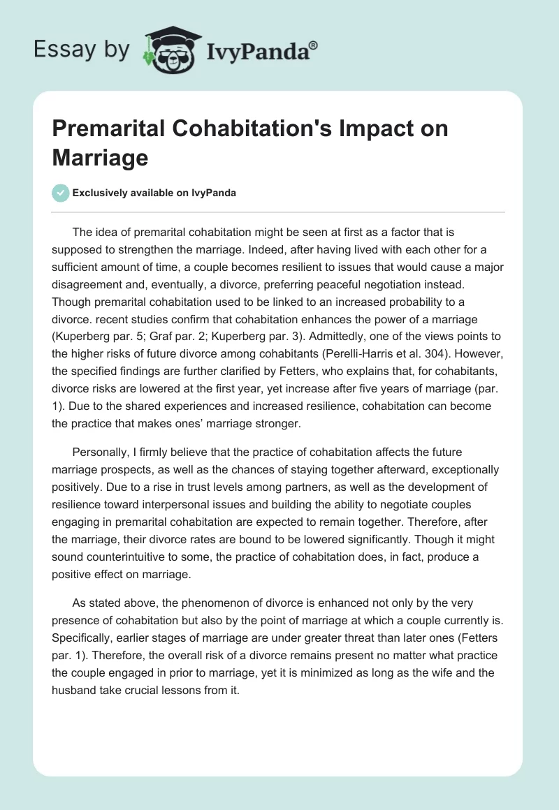 Premarital Cohabitation's Impact on Marriage. Page 1