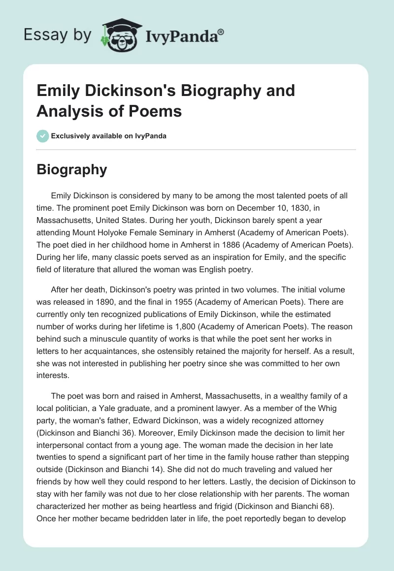 Emily Dickinson's Biography and Analysis of Poems. Page 1