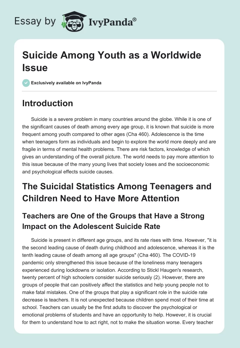 Suicide Among Youth as a Worldwide Issue. Page 1