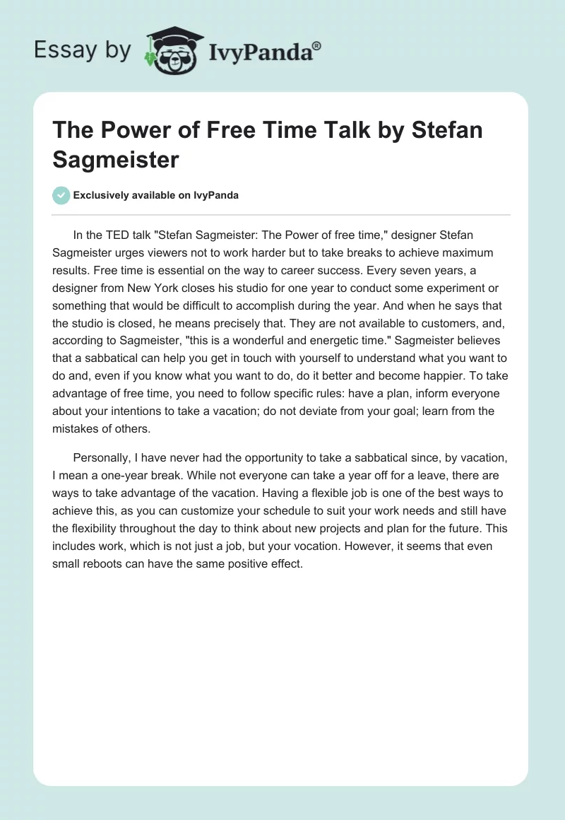 "The Power of Free Time" Talk by Stefan Sagmeister. Page 1