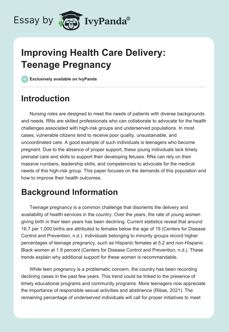 Improving Health Care Delivery: Teenage Pregnancy. Page 1