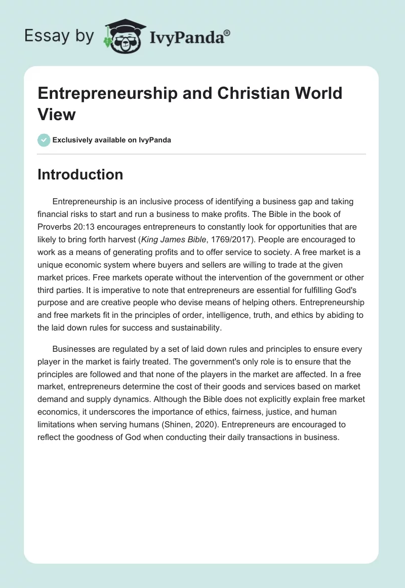 Entrepreneurship and Christian World View. Page 1
