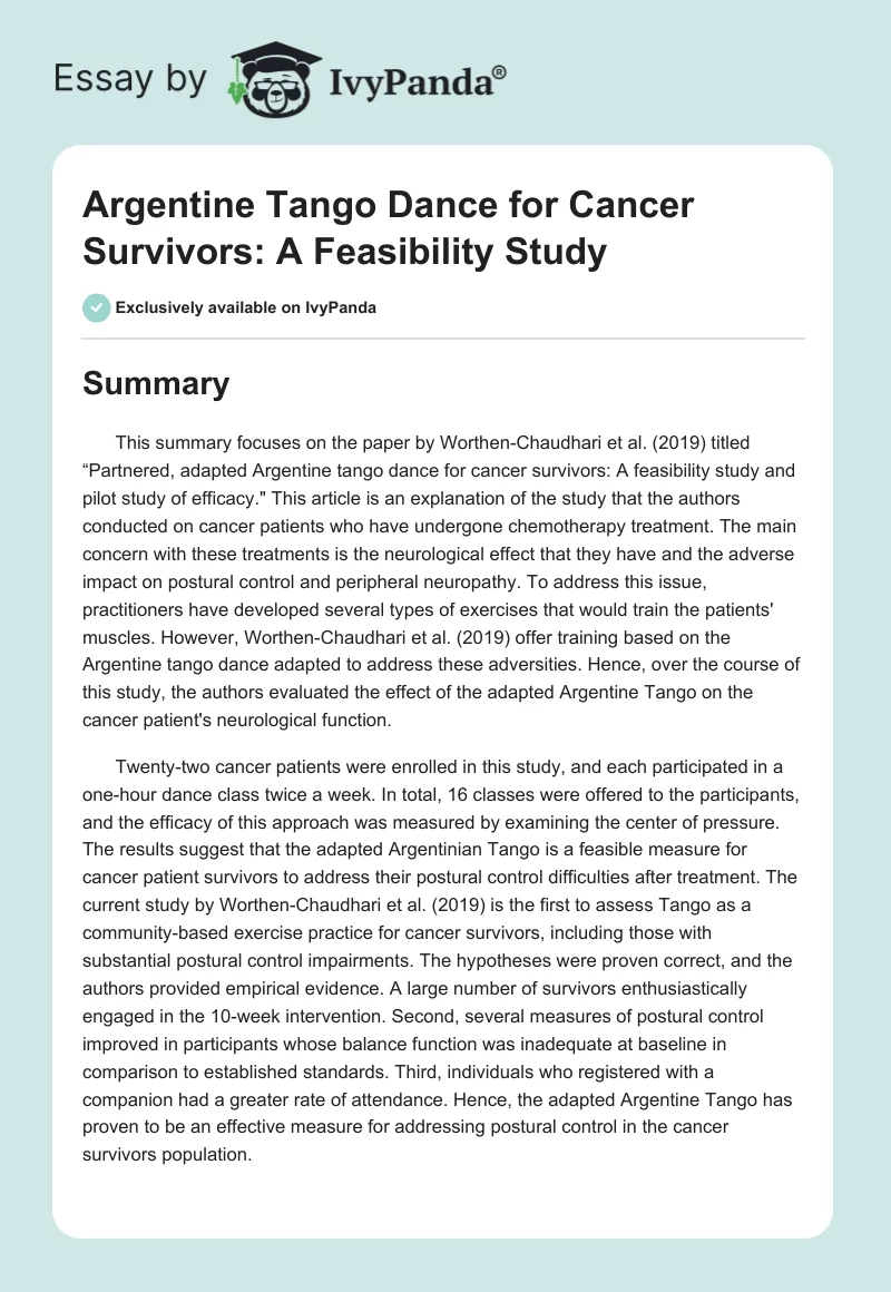 Argentine Tango Dance for Cancer Survivors: A Feasibility Study. Page 1