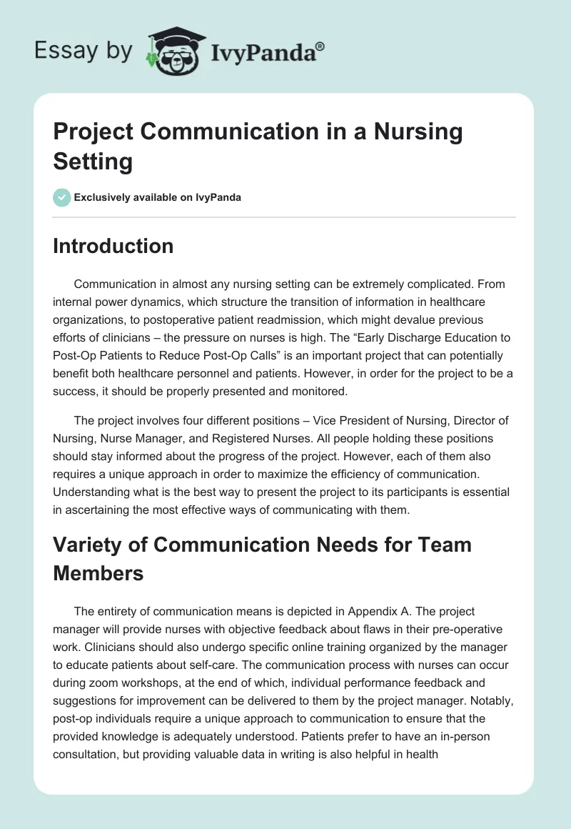 Project Communication in a Nursing Setting. Page 1