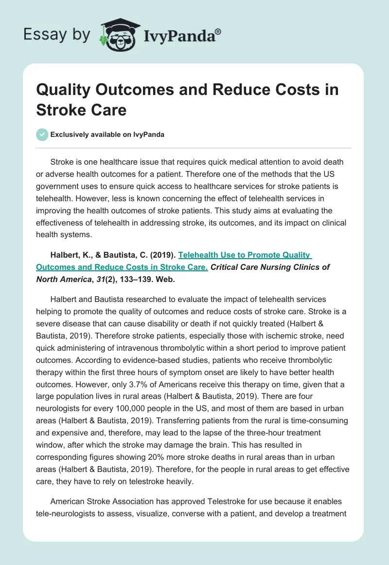 Quality Outcomes and Reduce Costs in Stroke Care. Page 1