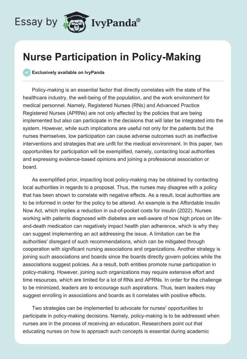 Nurse Participation in Policy-Making. Page 1