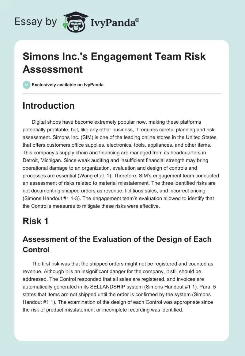 Simons Inc.'s Engagement Team Risk Assessment. Page 1