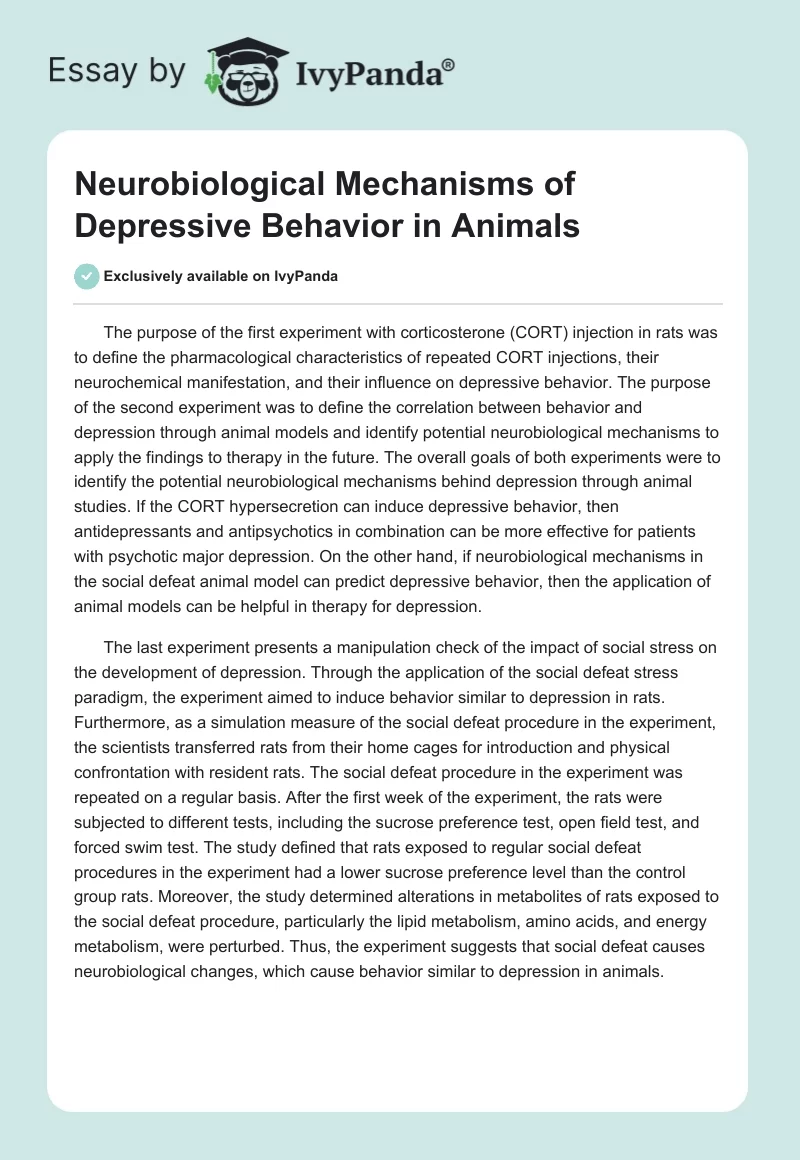 Neurobiological Mechanisms of Depressive Behavior in Animals. Page 1