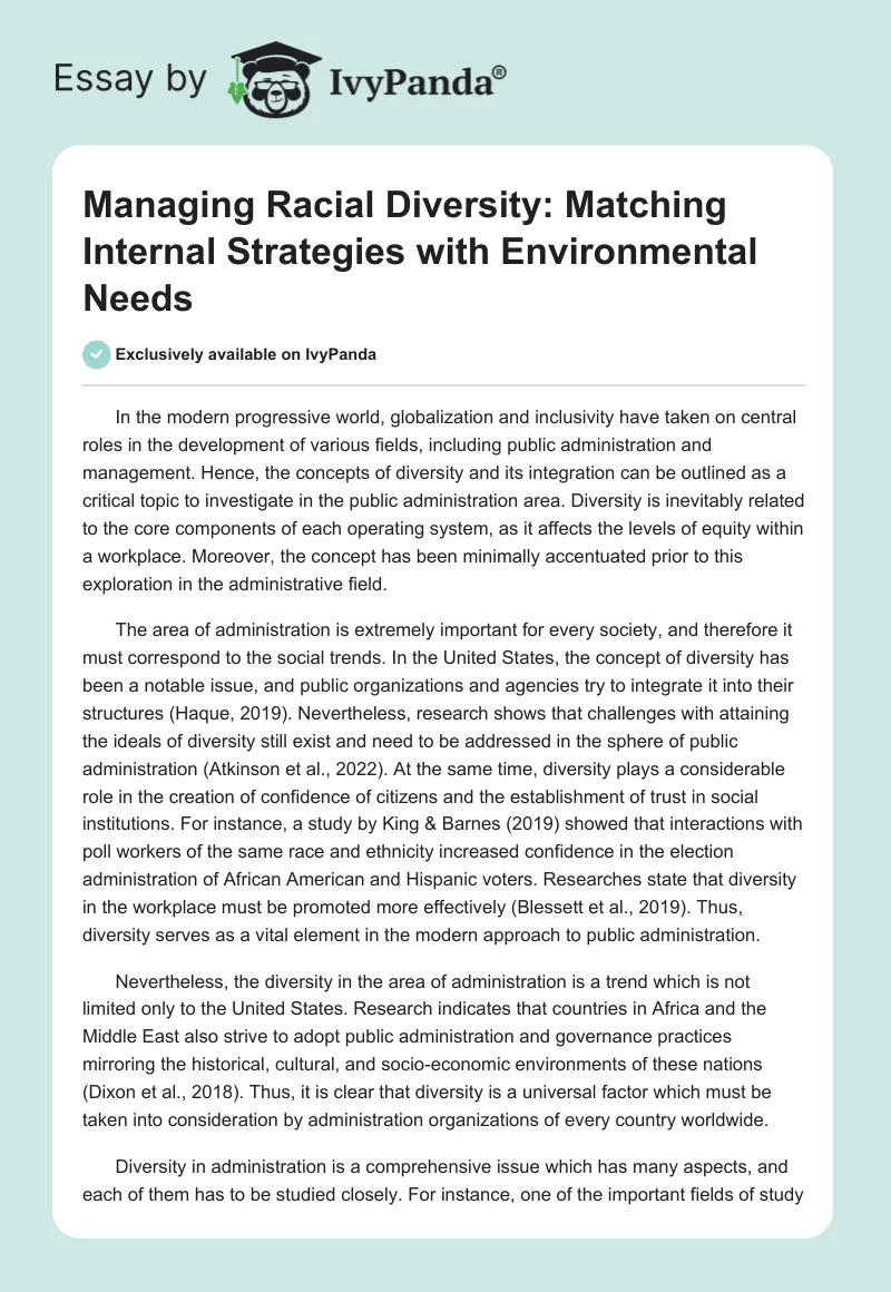 Managing Racial Diversity: Matching Internal Strategies with Environmental Needs. Page 1